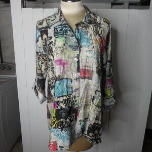 Ali Miles Women's M NWT Button Up Top Multicolor Mixed Media Lagenlook Tunic $74